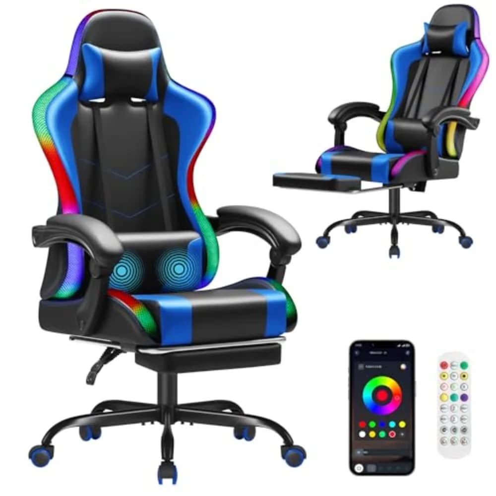 Gaming Chair, Video Game Chair with Footrest and Massage Lumbar Support, Ergonomic Computer Chair Height Adjustable
