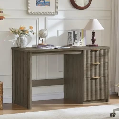 Office Desk 48" with 3 Drawers Storage File Cabinet | Wood Fluted Work Study Escritorio Desks for Computer Office