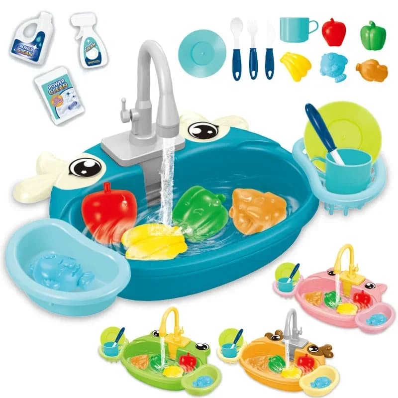 Kids Kitchen Sink Toys Electric Dishwasher Playing Toy with Running Water Pretend Play Food Fishing Toy Role Playing Girls Gift