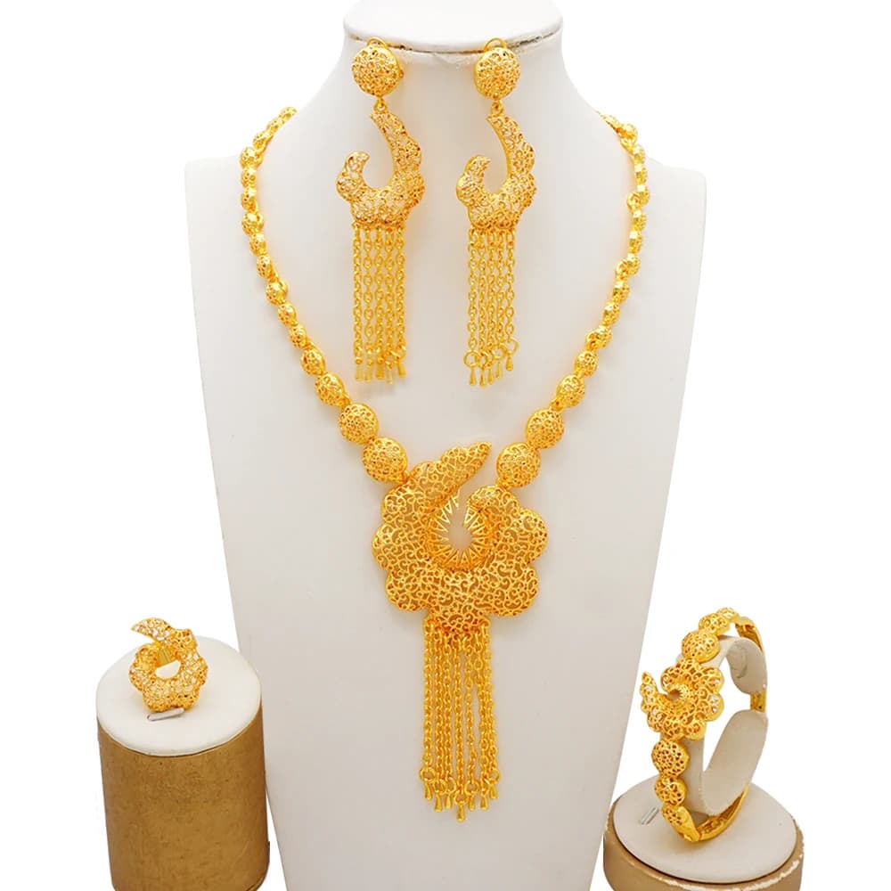 Elegant Italian Dubai Jewelry Sets Luxury Design Full Set Party Jewelry Two Tone Necklace Earrings Ring And Bracelet