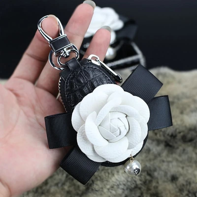 Camellia Flower Car Interior Accessories Crystal Leather Steering Wheel Cover Seat Belt Shifter Cover Auto Headrest Mirror Case