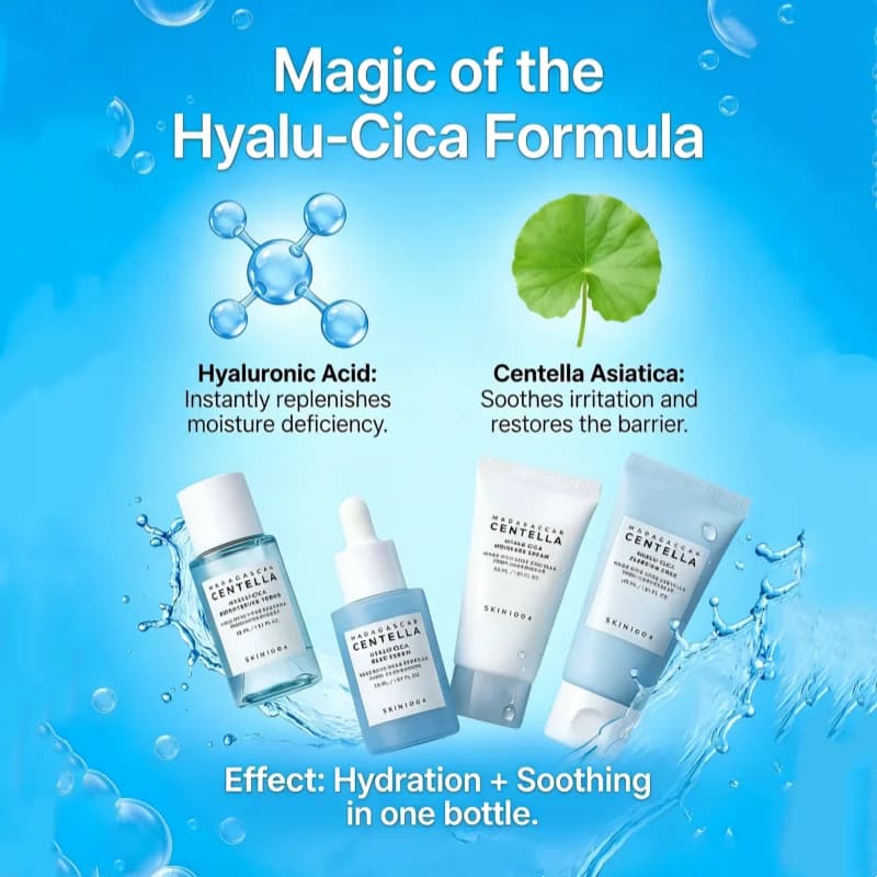 Korean Centella Hyalu-Cica Travel Kit,Toner, Ampoule Serum,Face Moisturizer Cream and Night Sleeping Pack Mini 4pcs Skincare Set