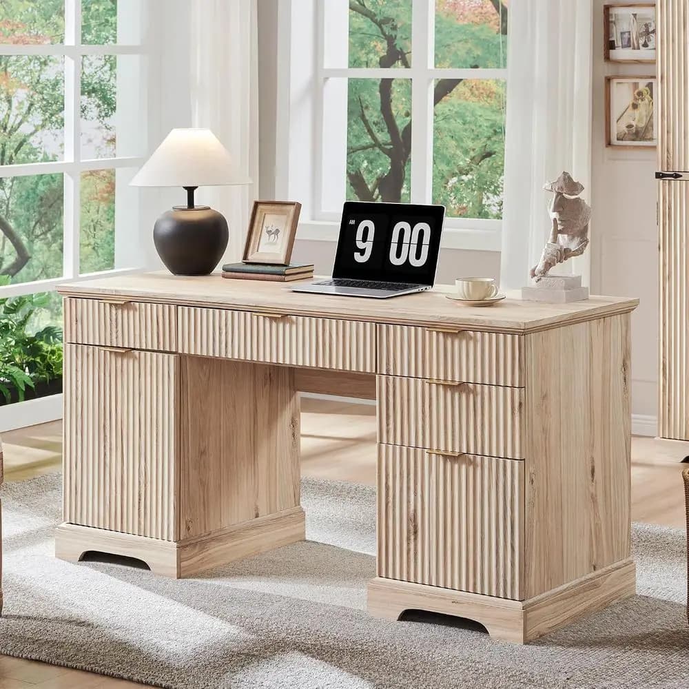 Oak Wood Executive Desk, 5 Drawers & 1 Cabinet, Built-in Outlet | Home Office Desk for Computer, Writing, Living or Bedroom Use