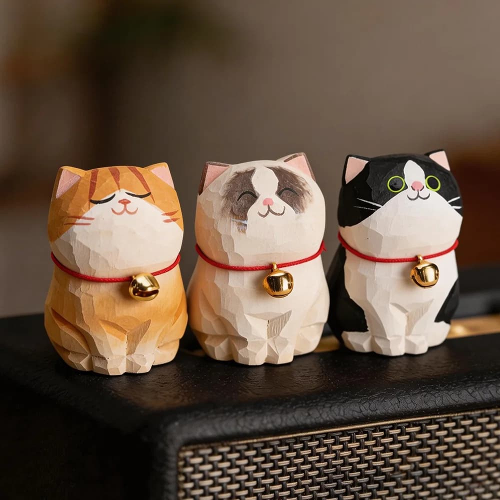 Cute Cat Animals Figurine Decorative Wooden Ornament Kitten Statue Calico Golden Gradient Cat Home Office Desk Car Decor Gift