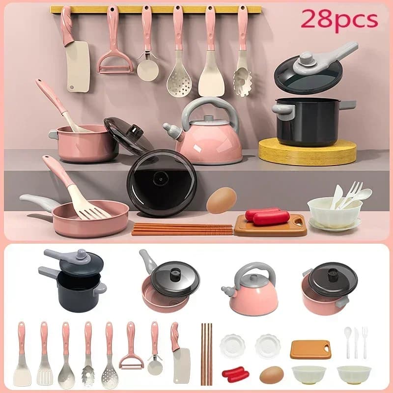Kids Kitchen Toys Set 28 PCS Play Kitchen Accessories Kit with Play Pots Pretend Food Cooking Toy Toddler Girls Boy Gifts