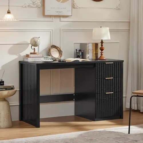 Office Desk 48" with 3 Drawers Storage File Cabinet | Wood Fluted Work Study Escritorio Desks for Computer Office
