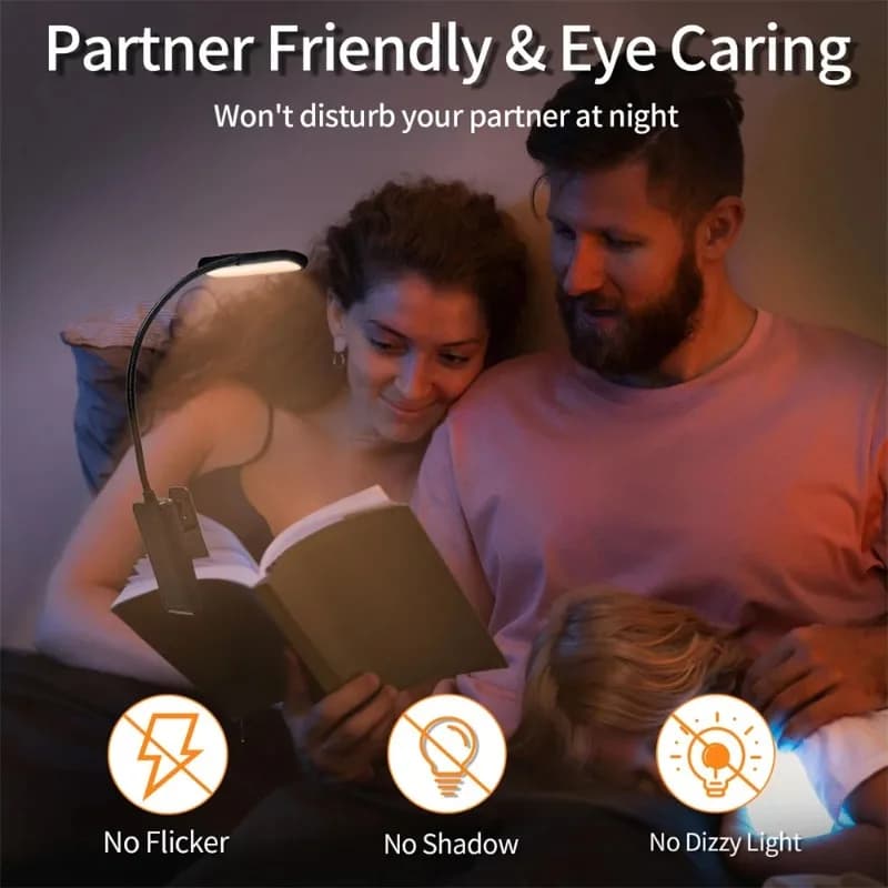 LED Book Light Reading Light Eye Caring Clip-on USB Rechargeable Dimmable Light Lamp Adjustable Flexible Night Reading Lamp