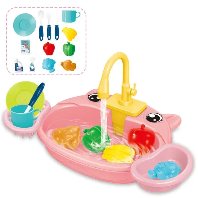 Kids Kitchen Sink Toys Electric Dishwasher Playing Toy with Running Water Pretend Play Food Fishing Toy Role Playing Girls Gift
