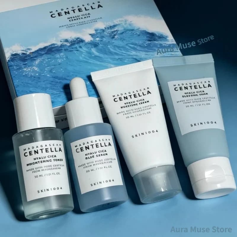 Korean Centella Hyalu-Cica Travel Kit,Toner, Ampoule Serum,Face Moisturizer Cream and Night Sleeping Pack Mini 4pcs Skincare Set