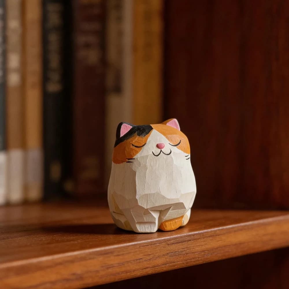 Hand Carved Wooden Cat Figurines Cute Kitten Statue with Mini Bench Home Orange Calico Cat Ragdoll Cat Desktop Ornament Gift