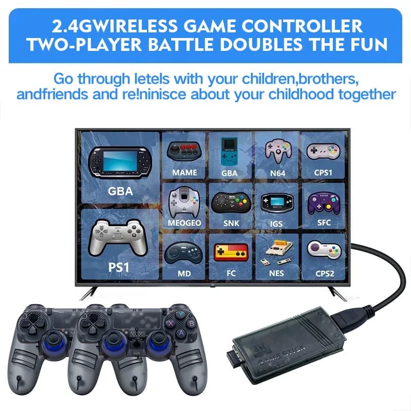 The GS5mini retro game console features dual wireless controllers, supports 4K high-definition output, and two-player gaming.