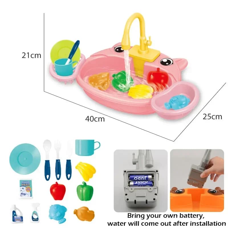 Kids Kitchen Sink Toys Electric Dishwasher Playing Toy with Running Water Pretend Play Food Fishing Toy Role Playing Girls Gift