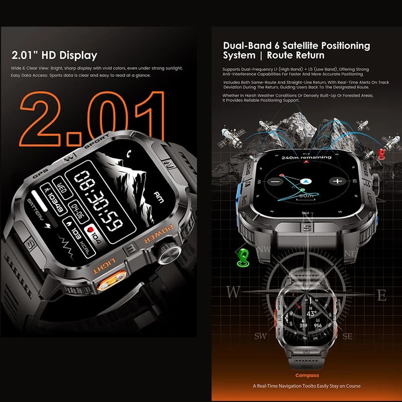 Smart Watch 2.01-inch Screen 540mAh 6 Satellite Positioning System 100+ Sports Modes IP68 Waterproof Bluetooth Call Smart Watch