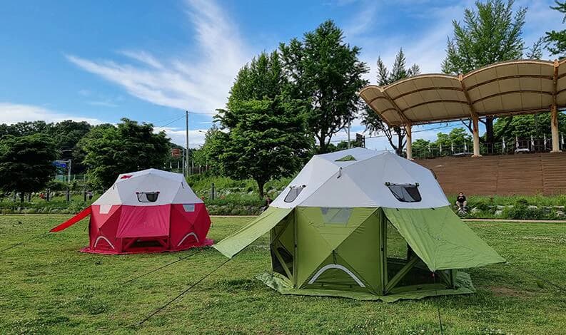 Unique design, pop-up camping tent with heat-activated deployment.