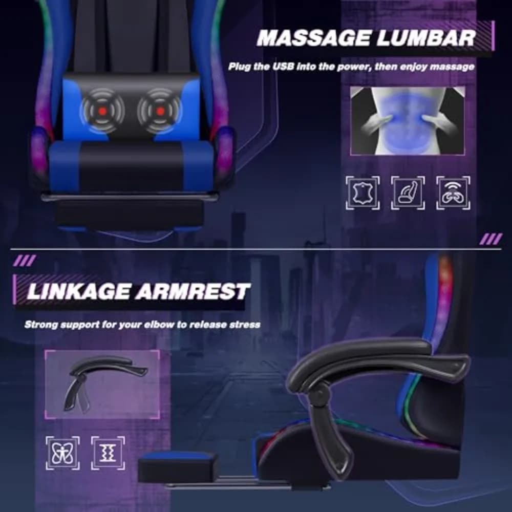 Gaming Chair, Video Game Chair with Footrest and Massage Lumbar Support, Ergonomic Computer Chair Height Adjustable