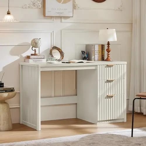 Office Desk 48" with 3 Drawers Storage File Cabinet | Wood Fluted Work Study Escritorio Desks for Computer Office