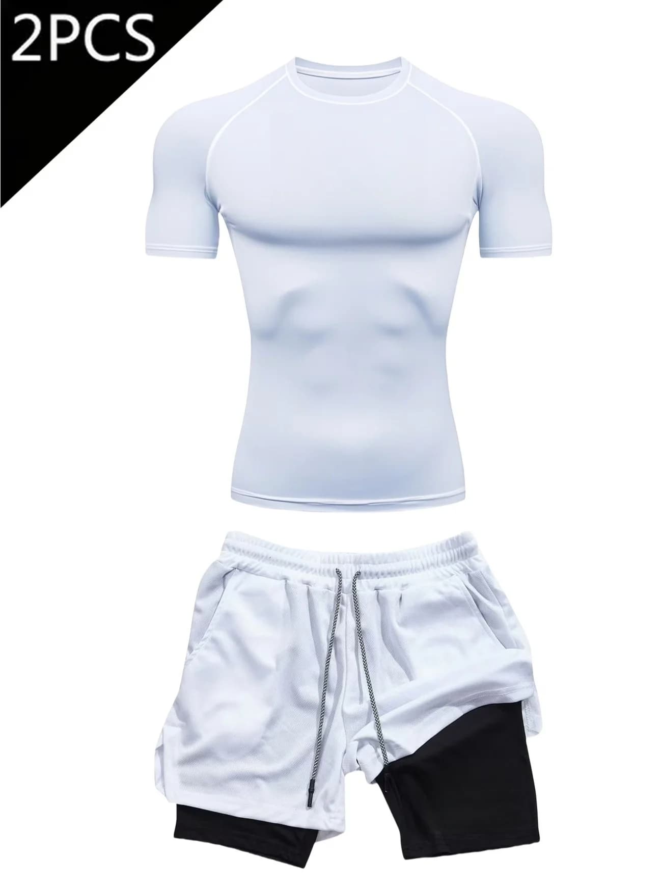 Men's fitness workout set, including a short-sleeve fitness T-shirt and double-layer athletic shorts