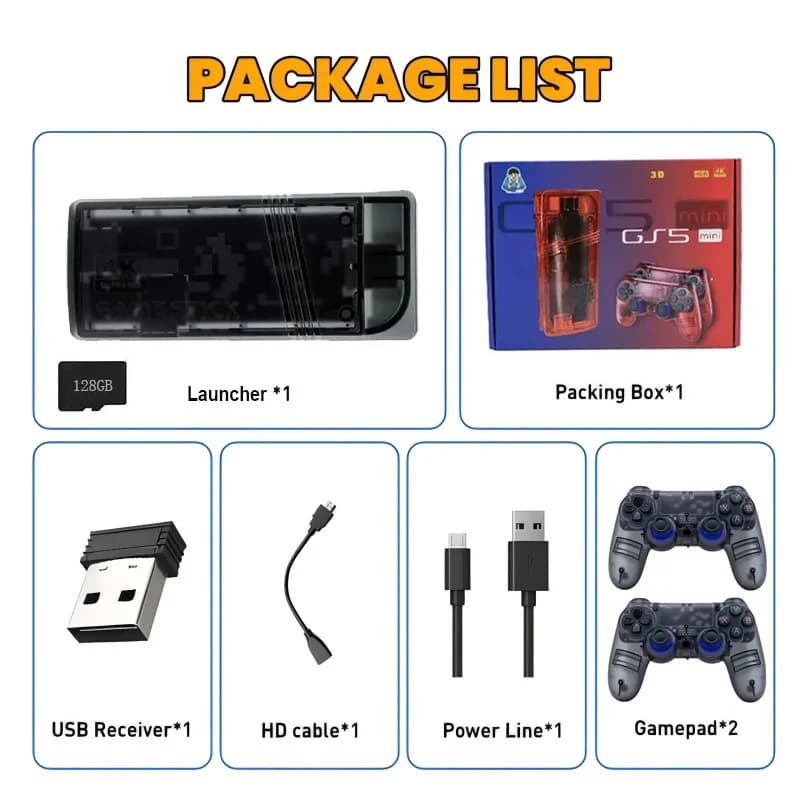 The GS5mini retro game console features dual wireless controllers, supports 4K high-definition output, and two-player gaming.
