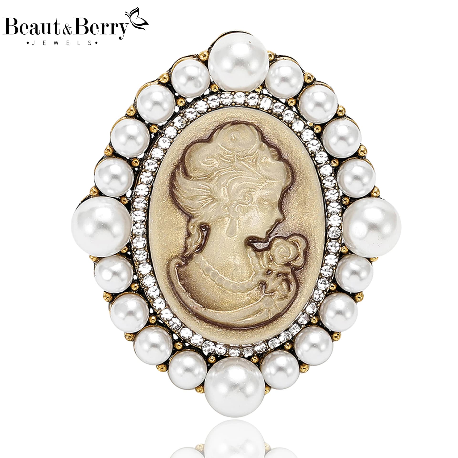 Beaut&Berry Vintage Enamel Pearl Beauty Head Brooches for Women Figure Pin Casual Party Accessories New Gifts Friends Decoration
