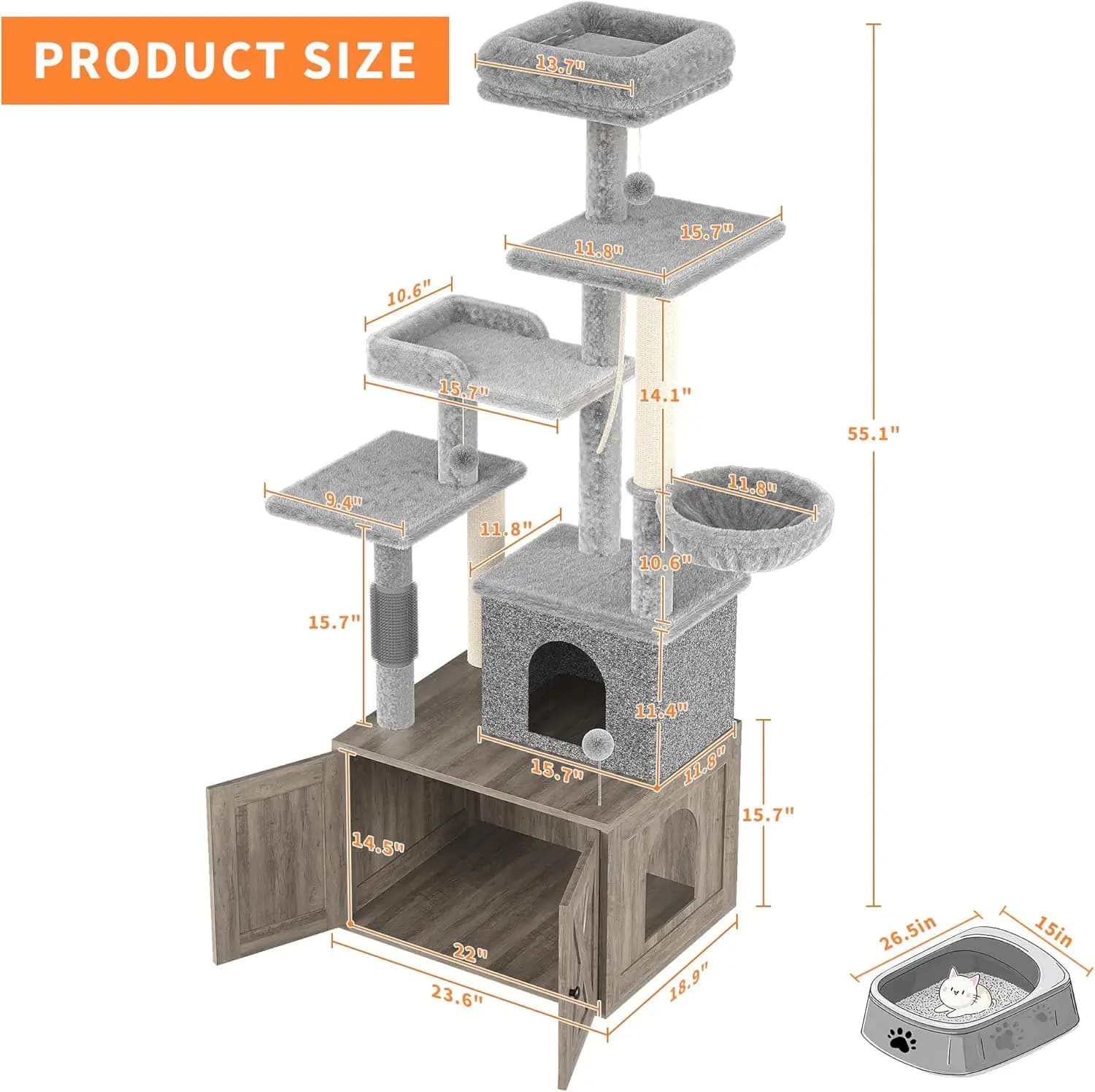 Cat Tree,Modern Cat Tower with Litter Box Enclosure,Large Condo with Food Station, Storage, Scratching Posts, Cave, Hammock