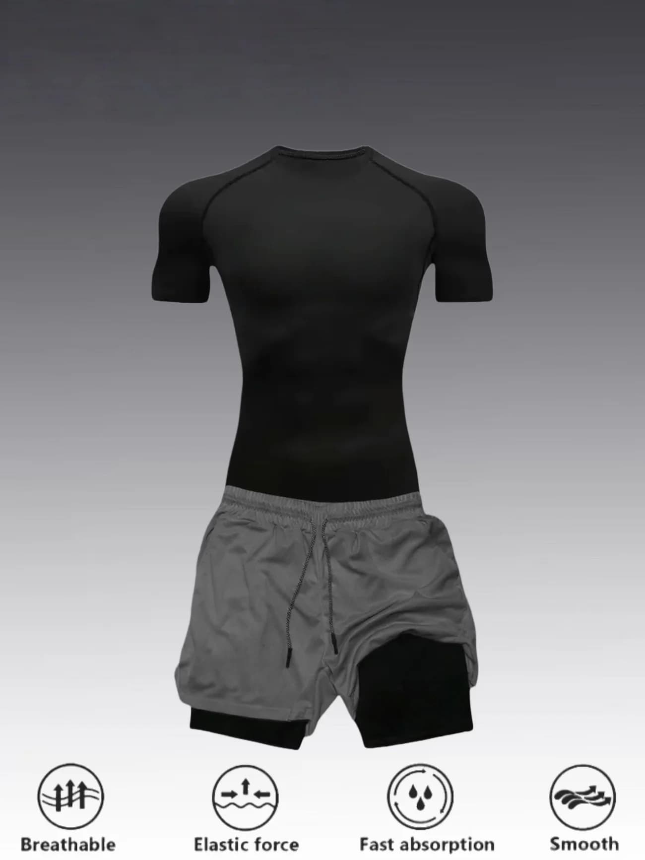 Men's fitness workout set, including a short-sleeve fitness T-shirt and double-layer athletic shorts