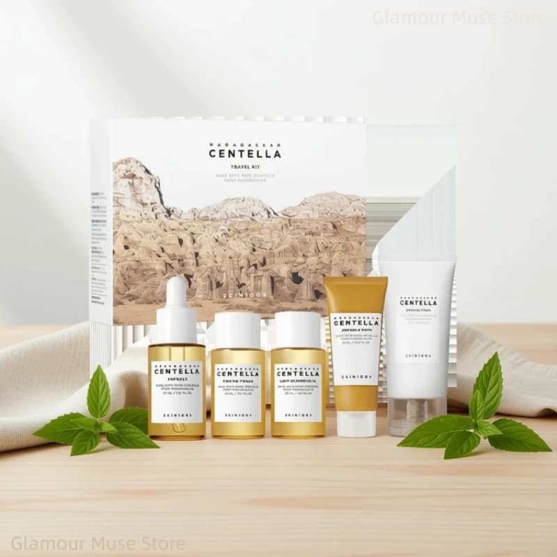 Korean Centella Travel Kit, Toner,Ampoule,Soothing Cream,Cleansing Oil,Ampoule Foam,Basic Daily Skincare Mini 5pcs Gift Sets