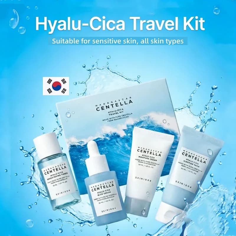 Korean Centella Hyalu-Cica Travel Kit,Toner, Ampoule Serum,Face Moisturizer Cream and Night Sleeping Pack Mini 4pcs Skincare Set