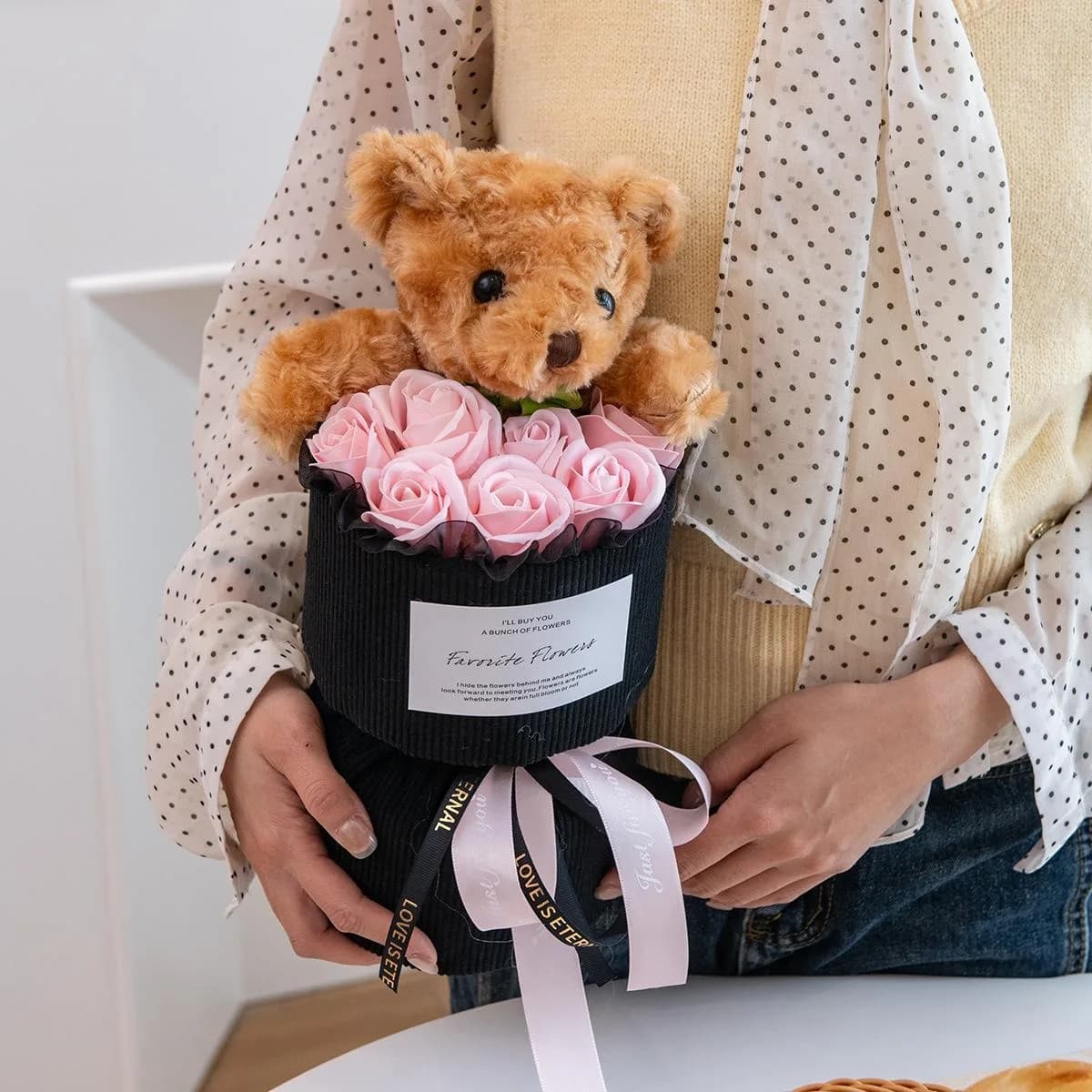 Valentine's Day Gift for Her Rose Bouquet with Cute Bear Artificial Flower Home Decor for Living Room Bedroom Wedding Decoration