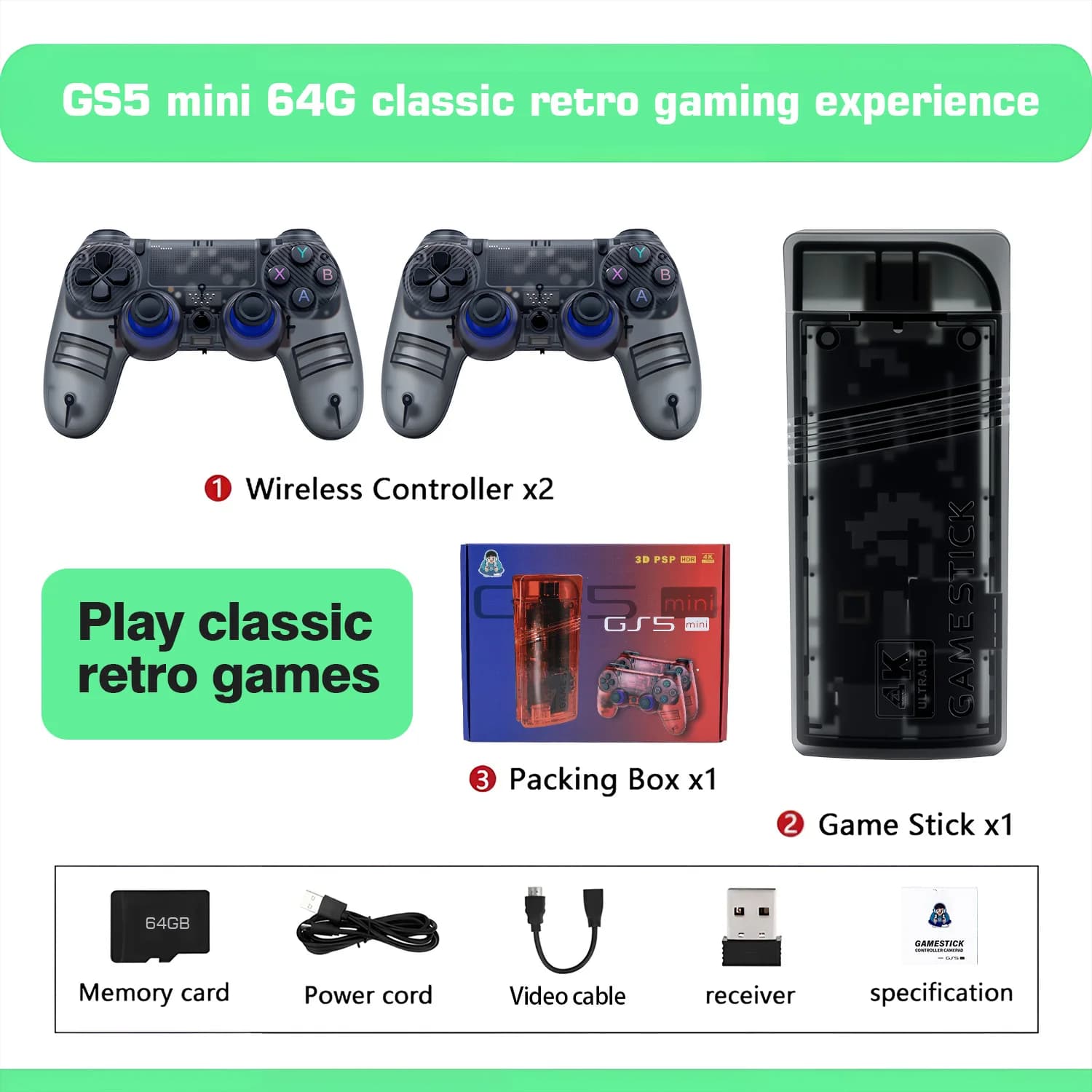 The GS5mini retro game console features dual wireless controllers, supports 4K high-definition output, and two-player gaming.