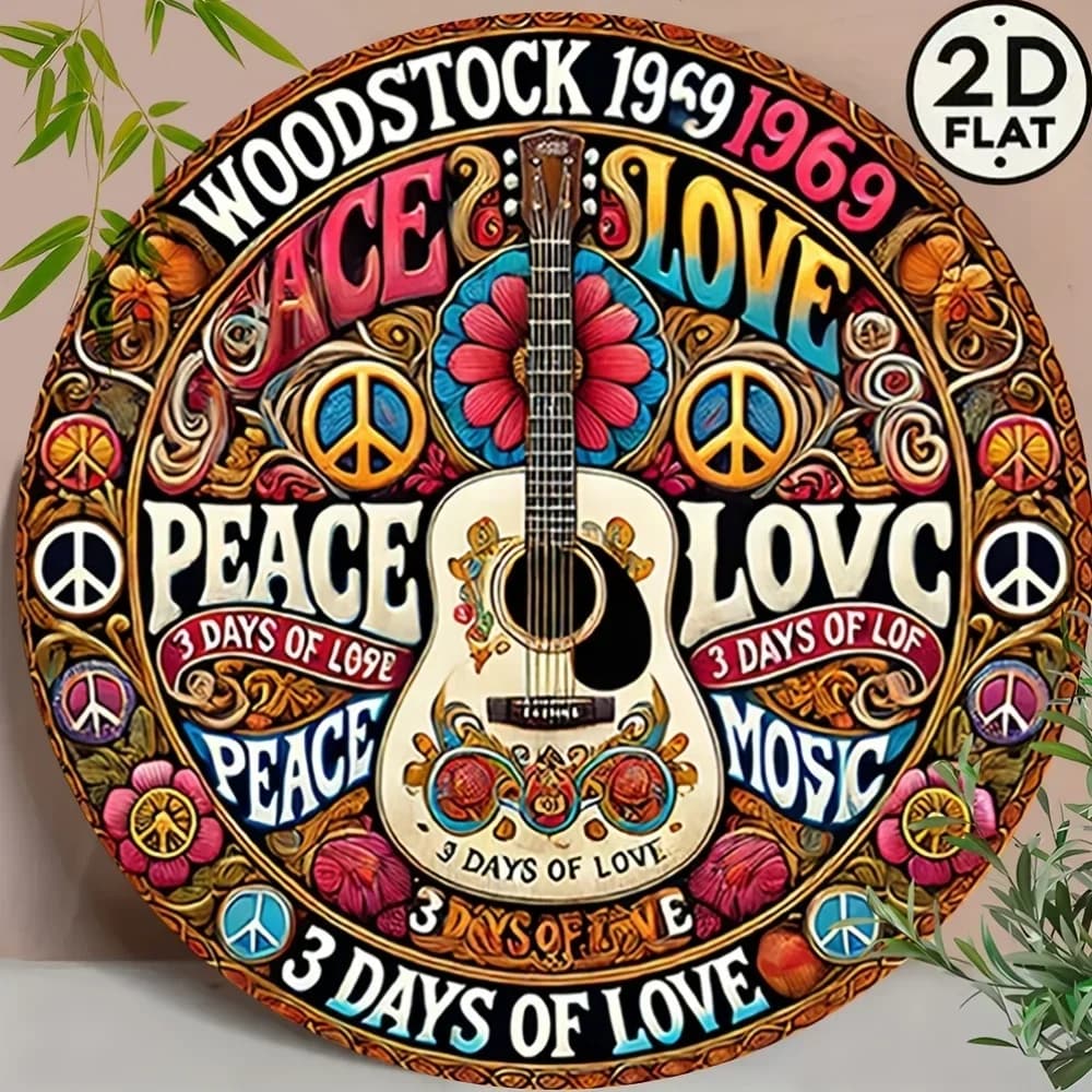 Home Decor，Retro Peace and Love Design with Guitar and Flowers,  Home Decor -  New Year's, Valentine'S Day, Music Decor