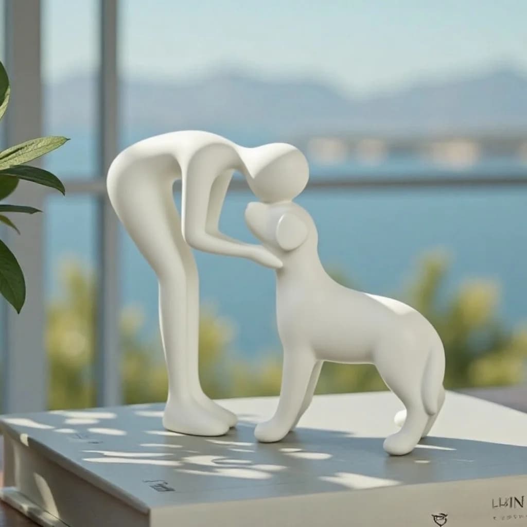 An elegant and simple black dog and owner statue, a warm gift for pet lovers and a home table decoration that is not easy to bre