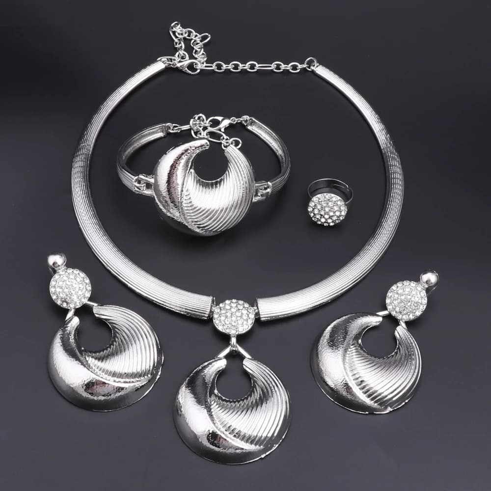 Dubai Jewelry Set For Women Silver Plated Luxury Necklace Earrings Bracelet And Ring Set Jewelry For Wedding Party Trending