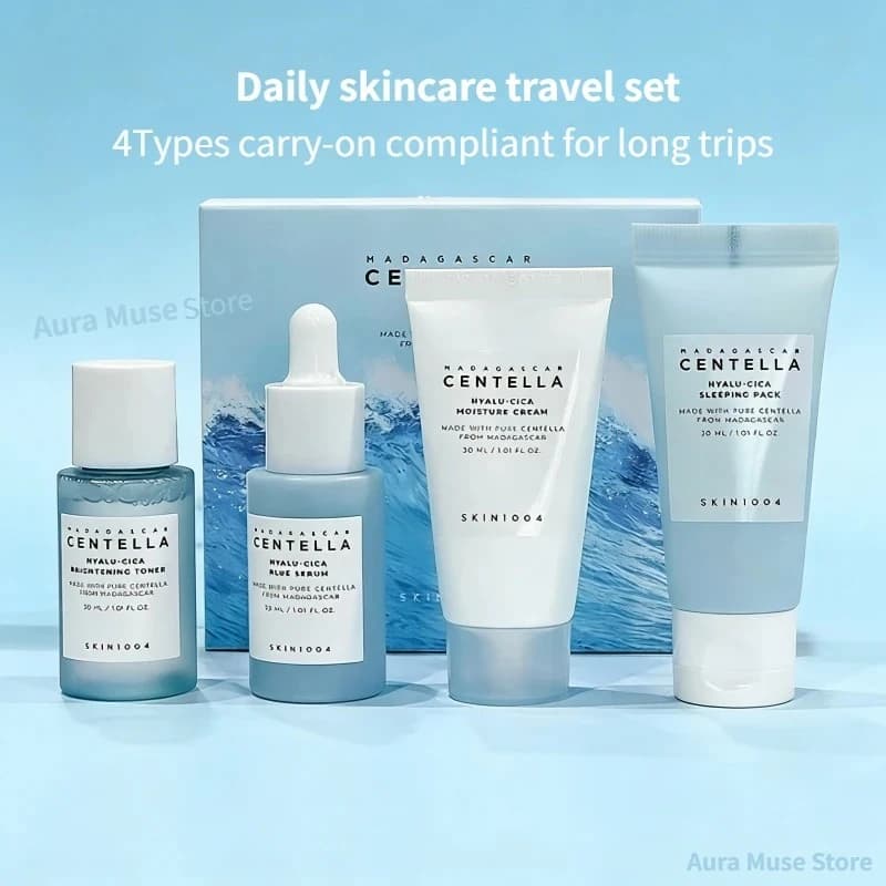 Korean Centella Hyalu-Cica Travel Kit,Toner, Ampoule Serum,Face Moisturizer Cream and Night Sleeping Pack Mini 4pcs Skincare Set