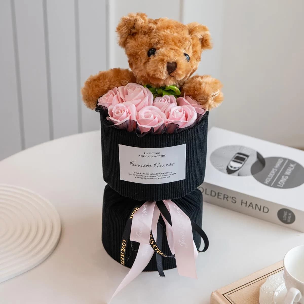 Valentine's Day Gift for Her Rose Bouquet with Cute Bear Artificial Flower Home Decor for Living Room Bedroom Wedding Decoration