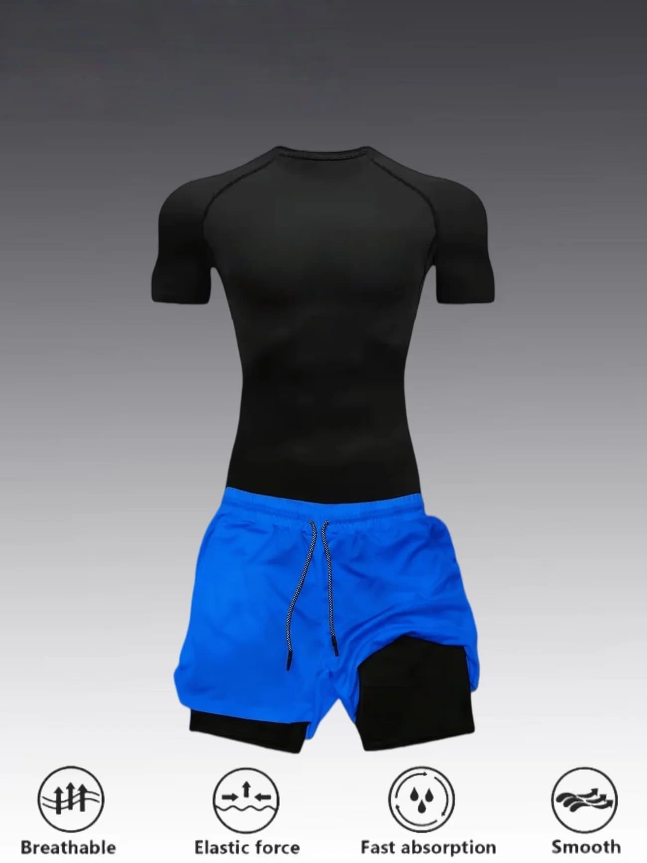 Men's fitness workout set, including a short-sleeve fitness T-shirt and double-layer athletic shorts
