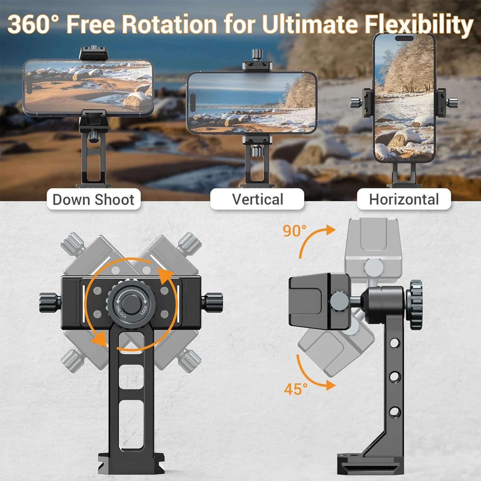 Metal Phone Mount for Tripod with Cold Shoes & Arca Port, 360° Rotatable Phone Holder Stand, 4 * 1/4" Screw Mount for iPhone 17