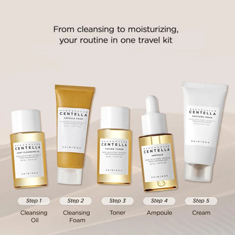 Korean Centella Travel Kit, Toner,Ampoule,Soothing Cream,Cleansing Oil,Ampoule Foam,Basic Daily Skincare Mini 5pcs Gift Sets