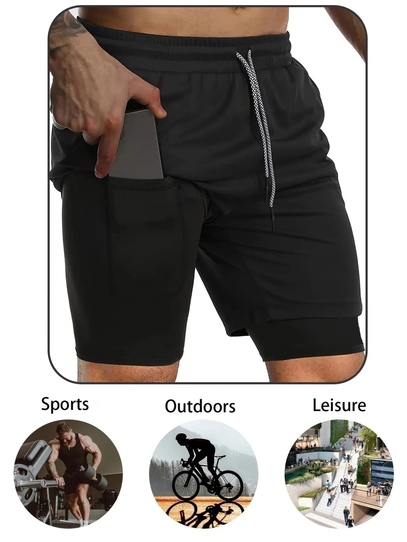 Men's fitness workout set, including a short-sleeve fitness T-shirt and double-layer athletic shorts