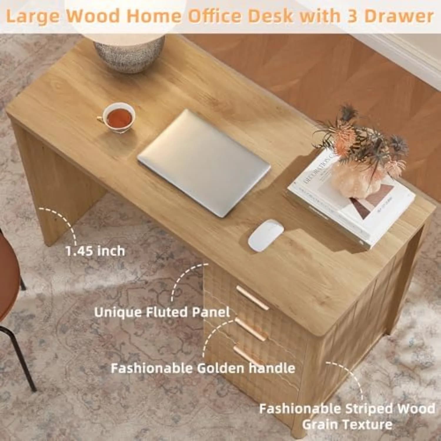 Office Desk 48" with 3 Drawers Storage File Cabinet | Wood Fluted Work Study Escritorio Desks for Computer Office