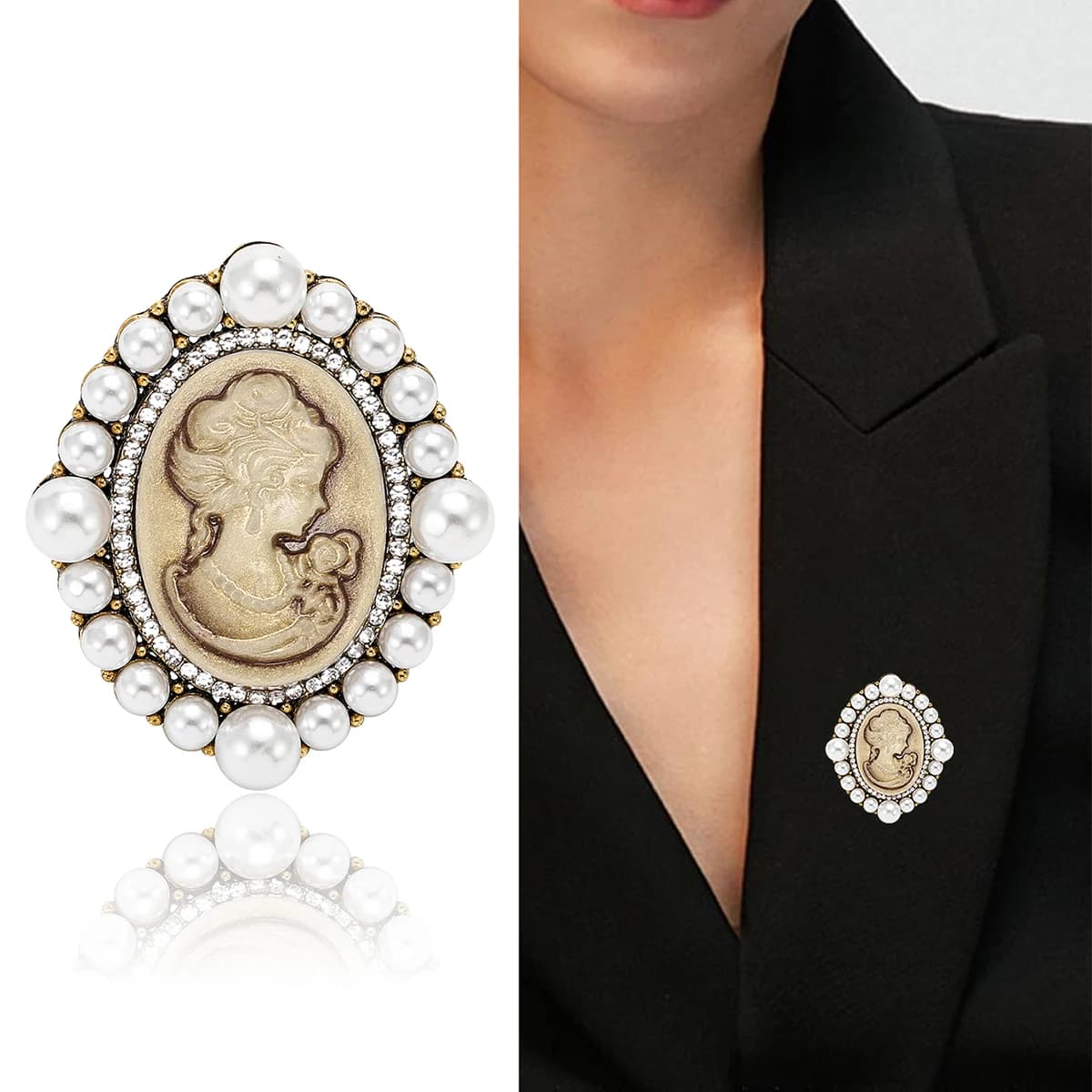 Beaut&Berry Vintage Enamel Pearl Beauty Head Brooches for Women Figure Pin Casual Party Accessories New Gifts Friends Decoration