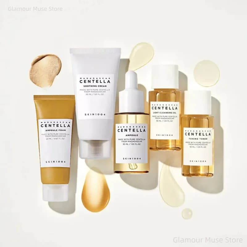 Korean Centella Travel Kit, Toner,Ampoule,Soothing Cream,Cleansing Oil,Ampoule Foam,Basic Daily Skincare Mini 5pcs Gift Sets