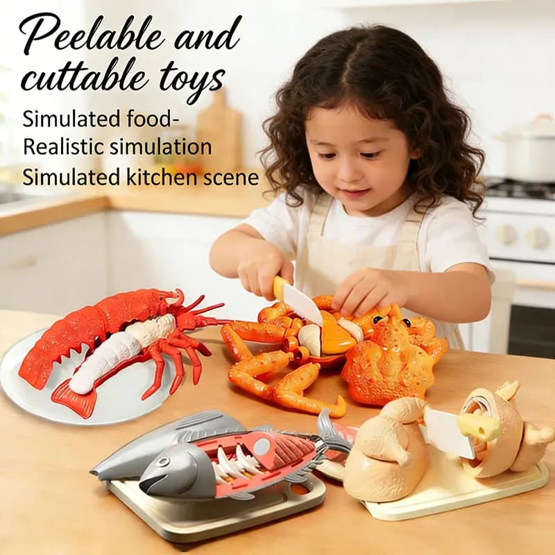 Kids Cutting Food Pretend Kitchen Toys Simulated Seafood Disassembly Crab/Tuna/Turkey Set Educational Role Play Gift Girls Toys