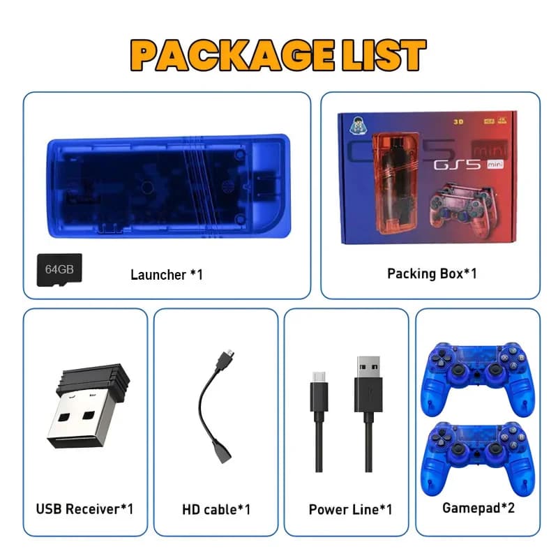 The GS5mini retro game console features dual wireless controllers, supports 4K high-definition output, and two-player gaming.