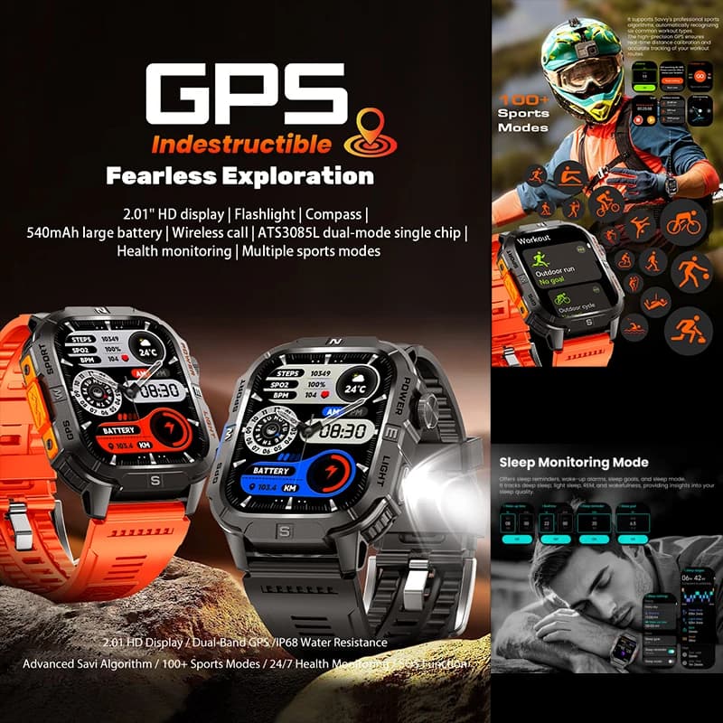Smart Watch 2.01-inch Screen 540mAh 6 Satellite Positioning System 100+ Sports Modes IP68 Waterproof Bluetooth Call Smart Watch
