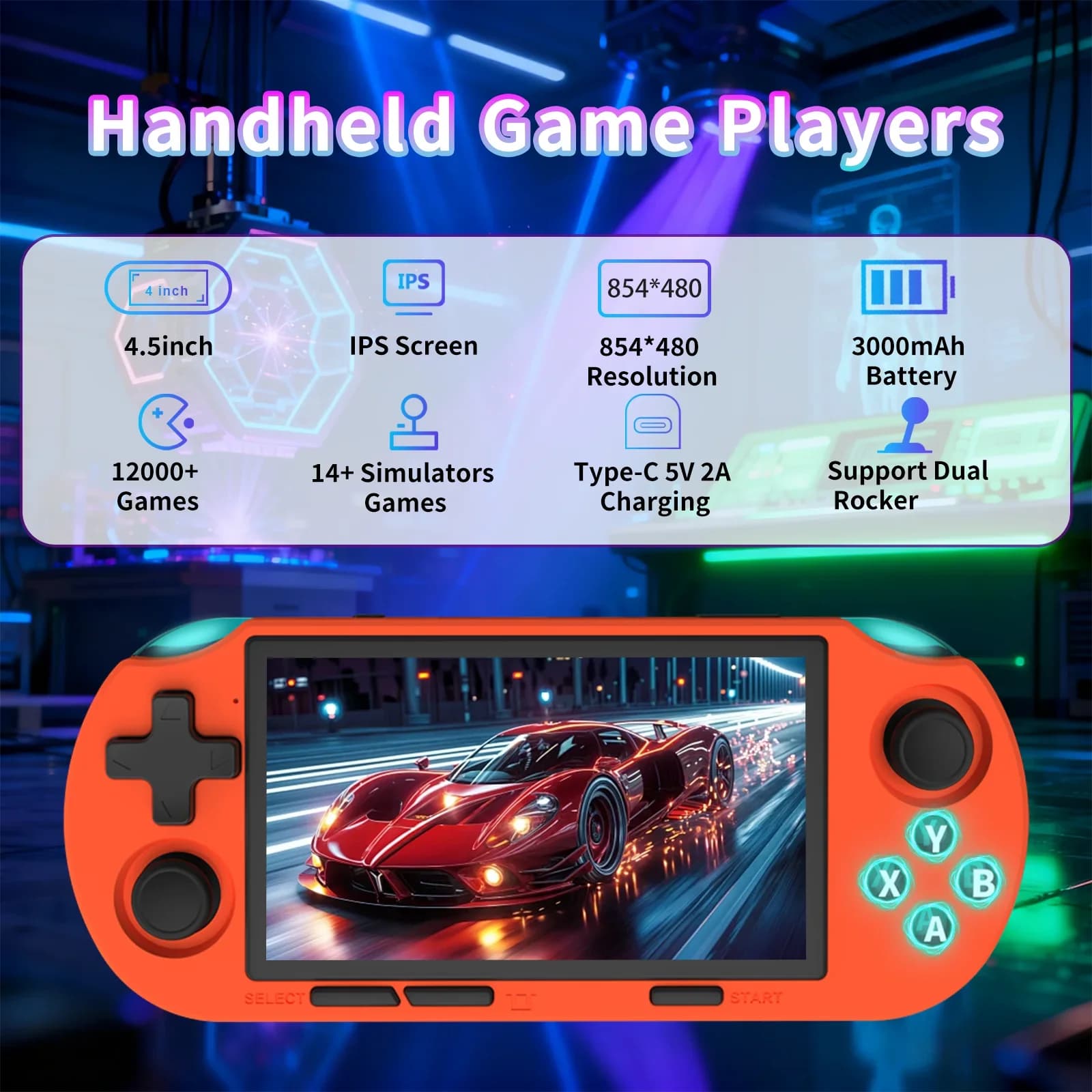GAMINJA Handheld Portable Gaming Console 4.5Inch HD IPS Screen Display Retro Gaming System LED Lights Built-in 12000 Games