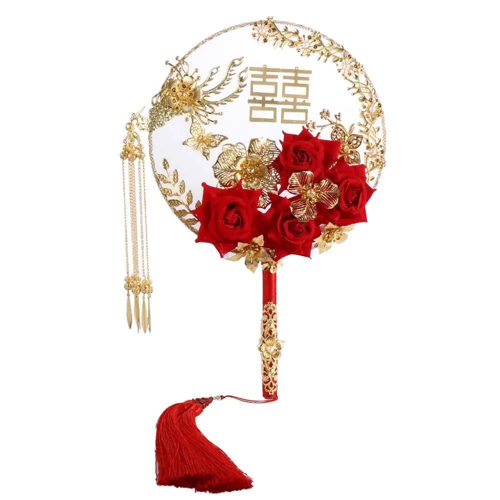Chinese Wedding Decoration Prop Wedding Decorative For Bride Gold Red Bridesmaid Decor Craft Photography Ornaments Fan Bouquet