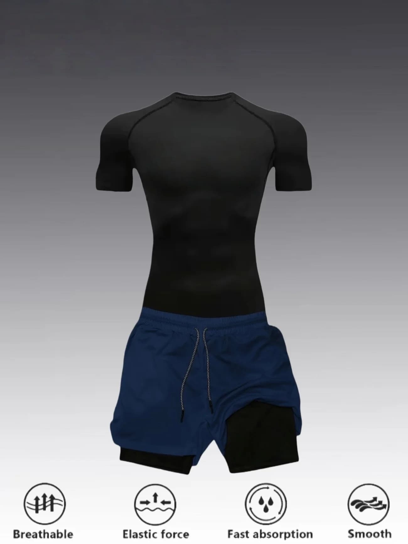 Men's fitness workout set, including a short-sleeve fitness T-shirt and double-layer athletic shorts