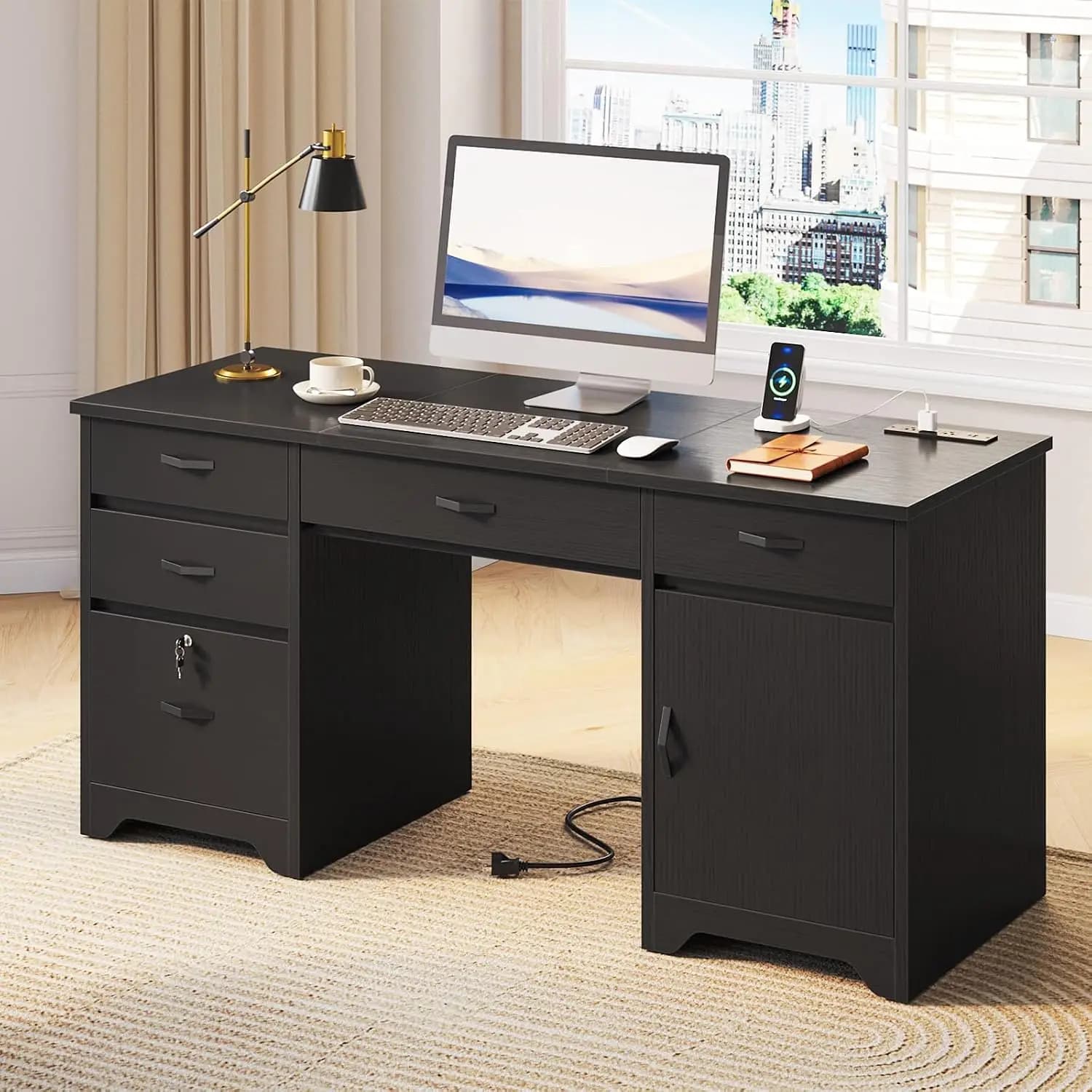 59" Office Desk with Lockable Drawers, Charging Station, Keyboard Tray, Storage Cabinet for Home Office, Customized