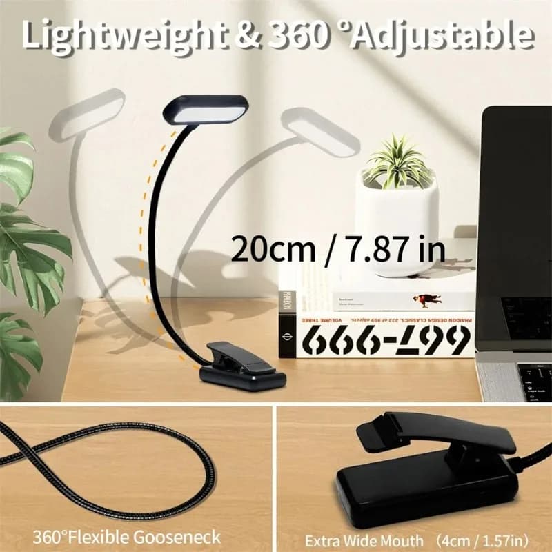 LED Book Light Reading Light Eye Caring Clip-on USB Rechargeable Dimmable Light Lamp Adjustable Flexible Night Reading Lamp