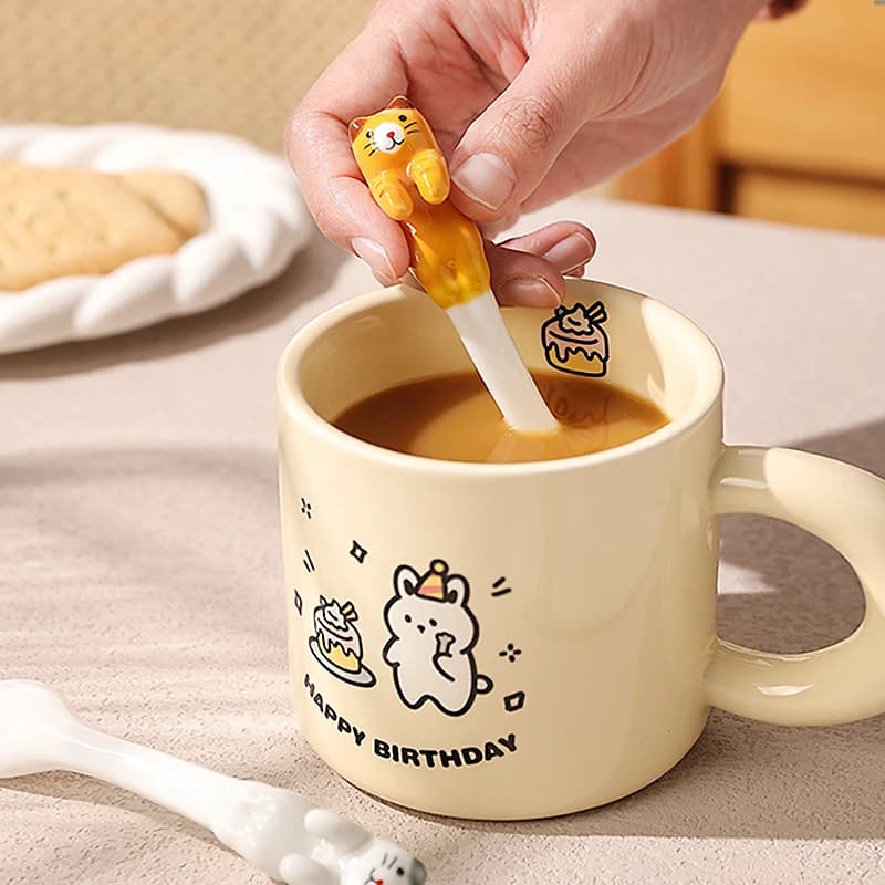 Ceramic Cartoon Cute Cat Animal Mixing Spoon Hanging Short Handle Coffee Dessert Spoon Flatware Kitchen Tool